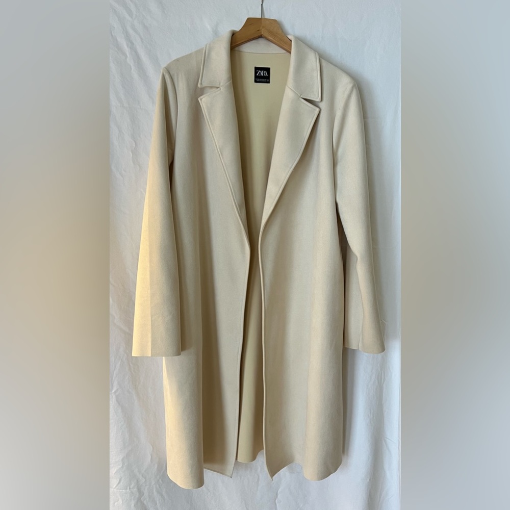 Zara Cream Mid-Length Suede-like unlined coat
